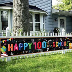 Happy 100th Day of School Backdrop Banner with 118" x 19.7", Kindergarten Preschool Primary 100 Days School Garden Yard Sign Decorations for Wall Fence Outdoor