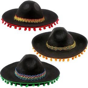 3 Pack Mexican Sombrero Hat Black Felt Fiesta Large Sombrero Hat with Ball Fringe for Fiesta Mexican theme Party Outfit Accessories