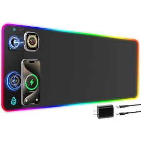 GIM RGB Gaming Mouse Pad مع شحن متزامن للهاتف و IWATCH ، LED Mouse Mat 800x300x4mm ، 14 أوضاع ضوئية ، قاعدة مطاطية غير انزلاق ، حصيرة لوحة مفاتيح الكمبيوتر للألعاب ، محول 20W PD.
