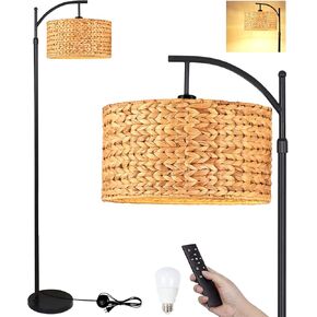Floor Lamp for Living Room Bedroom Farmhouse Arc Rattan Boho Standing Lamp with Remote Dimmable Black Wicker Bamboo Lamp Shade Floor Light Adjustable Tall Lamp Industrial Floor Lamps Bohemian