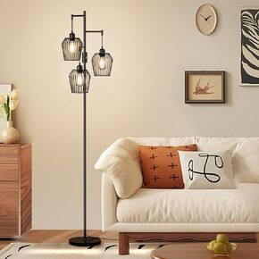 Dimmable Floor Lamp, Farmhouse Industrial Floor Lamp with Elegant Cage & 3 x 1000LM LED Bulbs, Tall Standing Lamp Modern Floor Lamp Black Tree Floor Lamps for Living Room Bedroom Office