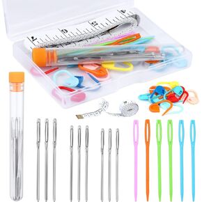Knitting Tool Kit Knitting and Crochet Accessories Large Eye Blunt Needles Plastic Needles with Tape Measure Stitch Markers Storage Box for DIY Handmade Knitting and Sewing