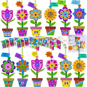 Winlyn 24 Sets Spring Potted Flower Craft Kits Spring Flower Crafts DIY Potted Flower Ornaments Decorations Art Set Spring Flower Tulip Sunflower Stickers for Kids Classroom Activities Party Favors