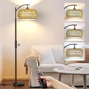 Arc Floor Lamps with Remote Control and Stepless Dimmable Color Temperature and Brightness Rattan Floor Lamps with Rattan and Cloth Dual Lampshade Standing Lamp for Living Room Bedroom, Black
