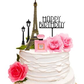 8 PCS Paris Cake Topper Eiffel Tower Cake Topper with Happy Birthday Street Lamp Rose 7 Inch Eiffel Tower Party Decoration for Birthday Celebration Gift (Morden Color)