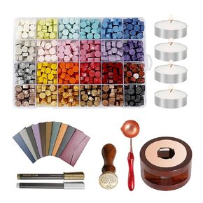 Wax Seal Stamp Kit 24 Colors and 600 Pcs Beads with Sealing Wax Warmer, Stamp,Spoon, Metallic Pen and Envelope, for Gift and Decoration (24Grid-6IN1)
