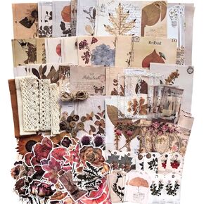 Flartmo 160 Pcs Nature Scrapbook Supplies Kit, Plant Scrapbooking Paper & Washi Flower Stickers, Junk Journal Lace Buttons Kit, Cottagecore Ephemera Pack for Journaling, Card Making, Art Craft