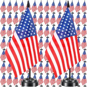 100 Pcs American Desk Flags Bulk Small Mini USA US Table Flags with 11" Solid Black Pole Mini Table Office Flags Miniature Desktop Flag for Home Office Party Festival Celebrations Decor