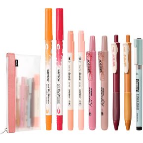 WRITECH Journaling Earth Pen Kit: Retractable Highlighters, Fineliner, Fine Point Gel Pens, Dual Tips Brush Pens for Writing Drawing Marking Calligraphy Sketching Set, Includes Pen Bag 9ct