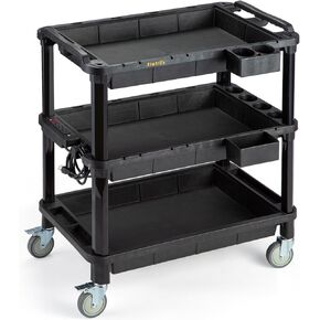 ELAFROS Multi-Use Plastic Utility Cart - 32.4x18.3 Rolling Cart, Service Cart with 3 Deep Shelves, Industrial Work Cart Organizer, 500 lbs Capacity, Black, with Power Strip