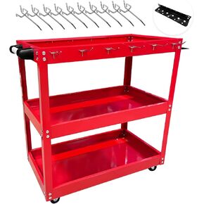 3-Tier Rolling Tool Cart, Metal Rolling Cart with Side Hooks Wheels, 330LBS Heavy Duty Utility Carts, Handle Rolling Mechanic Tool Cart Storage Organizer for Warehouse Garage