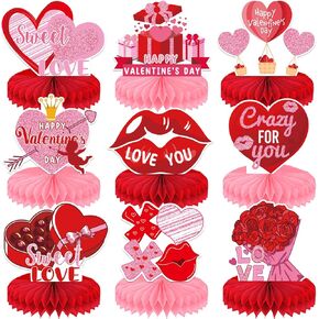 Valentines Day Decorations Honeycomb Centerpiece, 9PCS Valentines Day Table Decor Heart Love XOXO Table Toppers Decorations Party Supplies, Pink Red