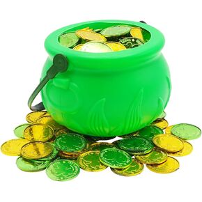 4E's Novelty 5 Inch St Patricks Day Pot of Gold Decorations with 100 Lucky Coins - Green Pot of Gold Cauldron Plastic Bucket for Leprechaun Decorations, Green & Gold Coins Plastic