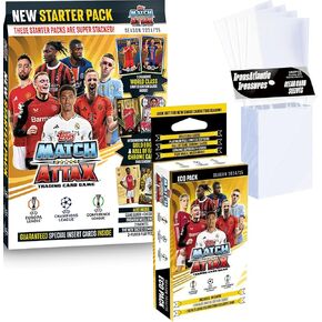 Topps Match Attax 2024-2025 Soccer Cards Starter Pack + Eco Pack + 100 Watserors ، 63 بطاقة - 3 بطاقات محدودة الحصرية + Bremium Mega Binder