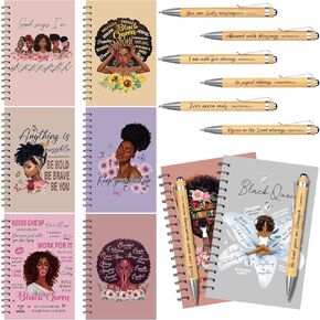 Pasimy 8 Pcs Black Women Notebooks African American Spiral Journal Motivational Notepad for Black Girl Inspirational Hardcover Notebook with 8 Pcs Bamboo Ballpoint Pen for Studying Office School Work