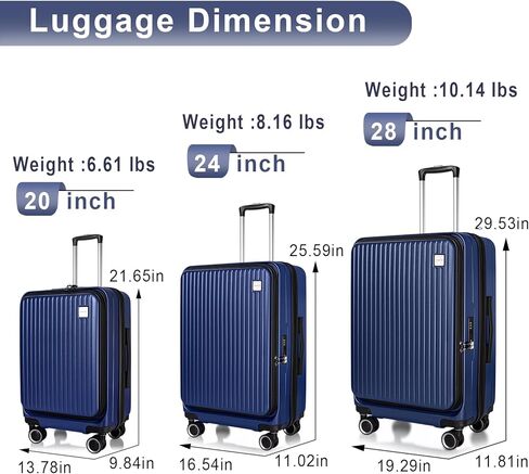 مجموعات الأمتعة 3 قطع، أمتعة ABS خفيفة الوزن مقاس 20 بوصة/24 بوصة/28 بوصة، مجموعة حقائب حمل قابلة للتوسيع مع قفل TSA وعجلات مزدوجة، مجموعات أمتعة صلبة مفتوحة أمامية (أزرق) in Kuwait
