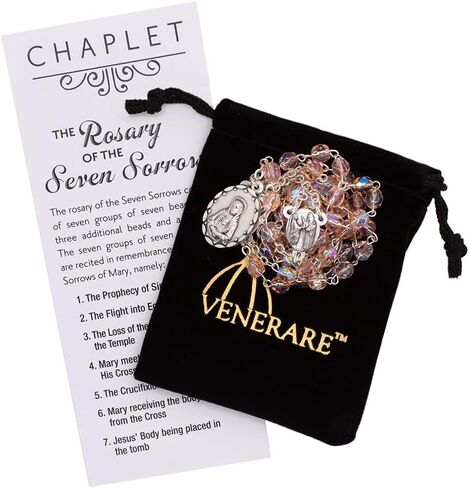 Rosary of the Seven Sorrows | Chaplet Beads, Pouch, and Instructions | Pink, Blue, or Black | Great Catholic Gift for First Holy Communion and Confirmation | Made in Italy in Saudi Arabia