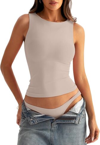 Eachyes Women Boat Neck Seamless Tank Tops Built in Bra Sleeveless Casual Fitted Shirts in Kuwait