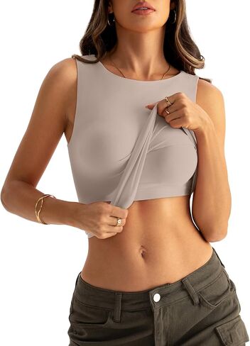Eachyes Women Boat Neck Seamless Tank Tops Built in Bra Sleeveless Casual Fitted Shirts in Kuwait