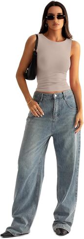Eachyes Women Boat Neck Seamless Tank Tops Built in Bra Sleeveless Casual Fitted Shirts in Kuwait