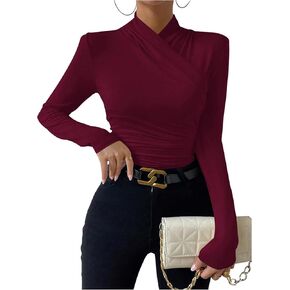 SweatyRocks Women's Ruched Mock Neck Long Sleeve T Shirt Solid Slim Fitted Tee Tops