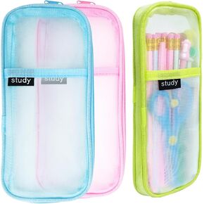 3pcs Pencil Case Set, Pencil Pouch, Pencil Bag, Clear Pencil Case With Zipper, Grid Mesh Pen Case, Pouch Organizer Stationary Makeup Bag for Office Travel School Supplies, Pink Blue Green