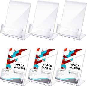 Crtiin 6 Pcs 4 x 6 Inch Acrylic Slanted Sign Holder with Business Card Holders Clear Display Stand Flyer Stand with Gift Card Holder Slanted Paper Holder for Office Table Advertisement Brochure