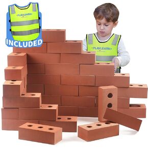 Playlearn 50pc Foam Brick Building Blocks for Kids- Children’s Reflective Worker Vest and Storage Bag Included - Actual Brick Size – Lightweight, Soft Building Blocks - Fake Brick Blocks