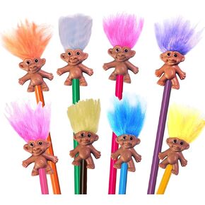 Pack 8 Mini Troll Pencil Toppers with Hair, Vintage Troll Dolls Pencil Topper