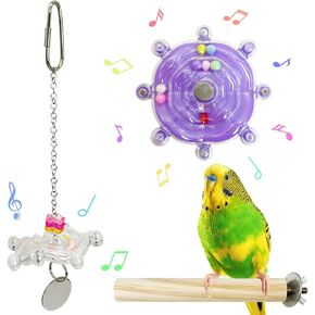 PINVNBY Bird Toys Set 2 PCS Colorful Parrot Toys & 1 PCS Wooden Bird Perch Interactive Spinning Rattle for Bird Cage Chewing Exercise for Conure Budgie Cockatiel Mini Macaw Lovebird