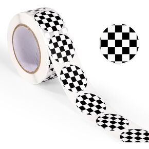 500pcs Black White Checkered Contact Stickers, Coated Paper Self Adhesive Racing Car Stickers 1in Round Black White Checkered Decal Small Stickers for Racing Car Theme Parties Decoration