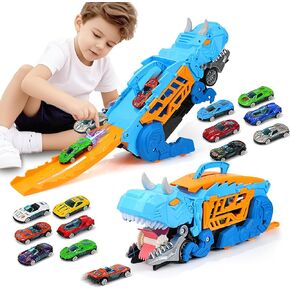 ألعاب الديناصورات للأطفال من 3-5 ، تتبع لعبة Toys Track Truck Trucker Transporter مع 12 لعبًا للسيارات المميتة ولعب Toddler Truck لـ 3 4 5 6 7 7 8 سنوات ، تتحول إلى دينو ، ألعاب الهدايا للأولاد