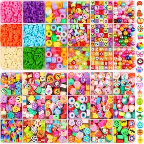 JMUQ Polymer Clay Beads Charms Friendship Bracelet Making Kit, 1900PCS Cute Fun Fruit Flower Butterfly Heart Beads Charms for Jewelry Necklace Earring Making DIY Accessories for Women