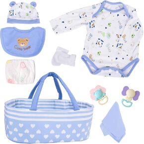 Aori 9 Pcs Reborn Baby Dolls Outfit Set with Bassinet Accessories for 17-22 Inch Baby Doll, Blue Carrier Bed and Baby Doll Clothes fit Newborn Baby Dolls