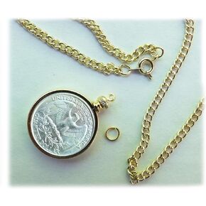 Coin Holder Bezel Quarter USA 25 Cent Gold Plated Link Necklace 24" Chain Kit Parts