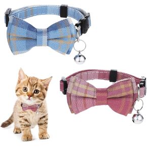 Giantree 2Pcs Cat Collar, Cat Collar with Bells, Cat Bow Tie Collars for Cats, Plaid Patterns Collar for Kitten Puppy