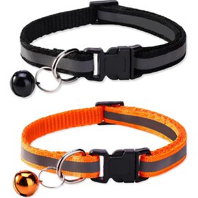 Reflective Cat Collar Breakaway with Bells,2 PCS Kitten Collar for Boy and Girl Cats,Adjustable 7.5-12.6 Inch(Black Orange)