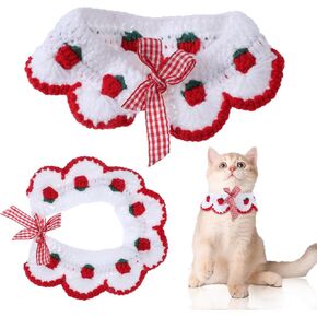 Cute Cat Collar Strawberry Knitted Kitten Collar with Bow Tie Adjustable Handmade Knitting Collar for Cats and Puppies Pet Decoration