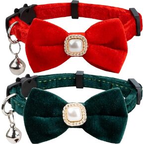 Cat Collar with Bow Tie Faux Pearl Ornament Velvet Soft Solid Color Bell Safety Kitten Pet Gift Red Green Wedding Party [2pcs] Red & Green
