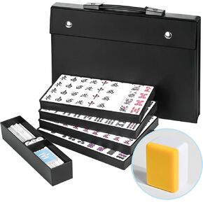 مجموعة Riichi Mahjong اليابانية ، 144 من البلاط الأبيض والأصفر - مع صندوق أسود ، بلاط الرياح الشرقية ، مجموعة من العصي تسجيلات ، والمرضى.