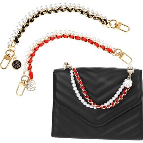 TIESOME 2Pcs Pearl Purse Double Chain, Metal Purse Extender Chain, PU Leather Double Handle Wrist Chain, Purse Handbag Strap Replacement Chain (Red, Black)