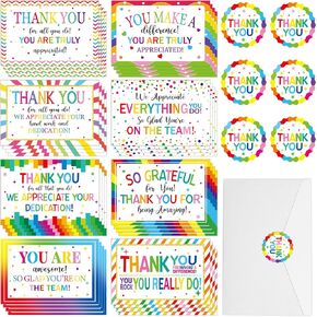 36 Sets Employee Appreciation Cards Assortment Thank You Greeting Cards Bulk with Envelopes & Stickers Blank Inside Gratitude Cards We Appreciate You Note Card for Coworker Staff 8 Designs 6x4in