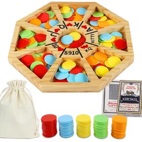 Michigan Rummy Game Luxury Set Royal Hearts Rummy Poker Wooden Tripley Board Game Bravado Game Classic Family Card Game 100 Chips 2 Playing Cards (Small Octagon, Log Color)