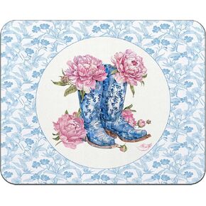OFlich Blue and White Mouse Pad, Chinoiserie Pink Floral Cowgirl Boots Square Mouse Pads for Desk, Western Mouse Pad, Aesthetic Mouse Pad, Girly Office Desk Accessories, 9.5x7.9 Inch