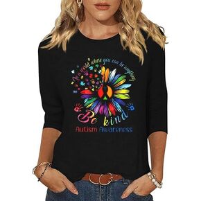 3/4 Sleeve Shirts for Women Autism Accept Understand Love Graphic Shirts Autism Awareness Be Kind Tops Blouse in Kuwait