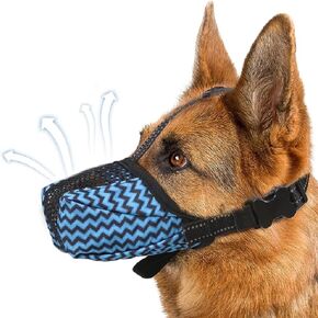PetPhindU Dog Muzzle, Air Mesh Breathable Muzzle for Medium Large Sized Dogs Prevent Biting Barking Chewing Soft Basket Muzzle for German Shepherd Dog with Reflective Adjustable Strap (L,Blue)