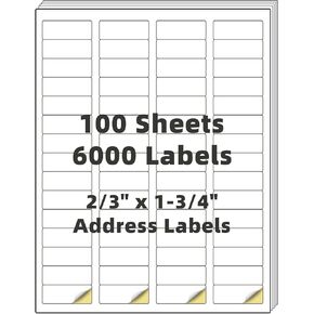 Shipping Address Labels,2/3" x 1-3/4" 6000 Blank Mailing Shipping Labels (60 Labels per Sheet,100 Sheets) Printable White Sticker Labels Compatible with Laser and Inkjet Printers,0.67"x1.75"