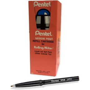 Pentel Rolling Writer Refills, R3 Slim Refill, Medium, Black, Box of 12 Refills