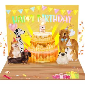 Birthday Cards, Dog Funny Blowable Candle Pop up Greeting Card with Lights Music, Birthday Gifts for Women Men Dog Lover Mom or Dad