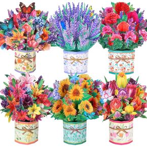 6 Pack Paper Flower Pop Up Cards, Flower Bouquet Card Popup 3D Greeting Cards for Mother's Day, Graduation, Anniversary, Birthday, Congratulations, Get Well, Home Decor, with Envelope and Note